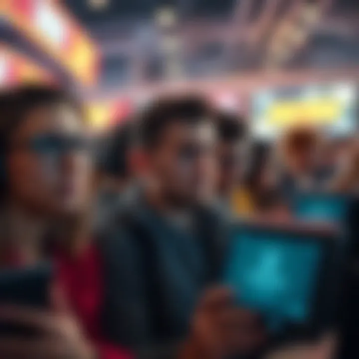 Group of players looking frustrated while trying to bid in an online auction game, showing devices with loading screens and error messages