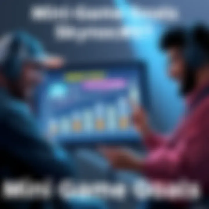 A group of players showing frustration over high mini game goals, with one player pointing at a screen displaying goals alongside a decreasing reward chart.