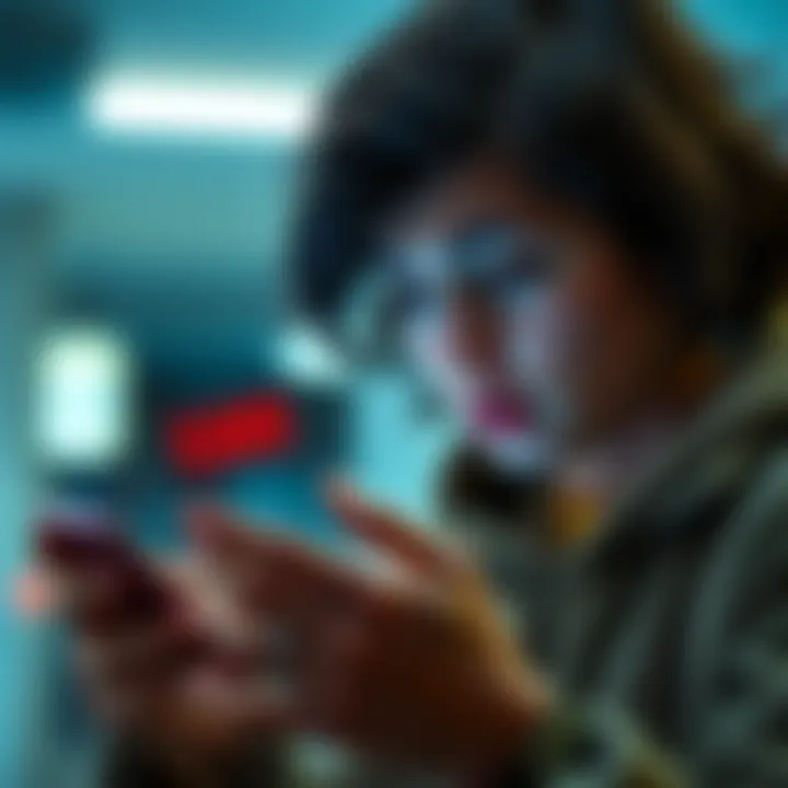 A university student looking worried while using their phone, showing a closed account message on the Revolut app.