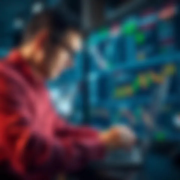 A person looking frustrated while interacting with a complicated trading platform on a laptop