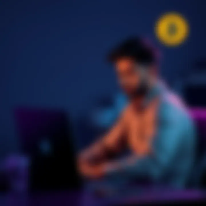 A person sitting at a desk, looking disappointed while checking their Bitcoin purchase on a laptop. The screen shows a lower amount than expected after fees.