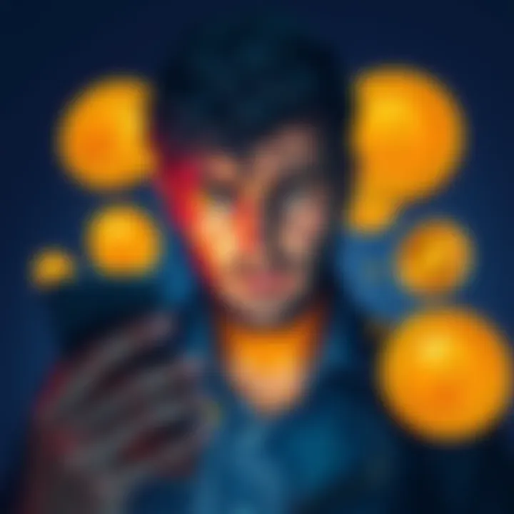 Frustrated User with Coinbase A frustrated person looking at their phone, showing disappointment with a Coinbase referral program, surrounded by symbols of cryptocurrency, such as Bitcoin logos.