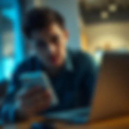 A person with a worried expression looking at their phone and laptop, distressed over lost funds and unresponsive customer service