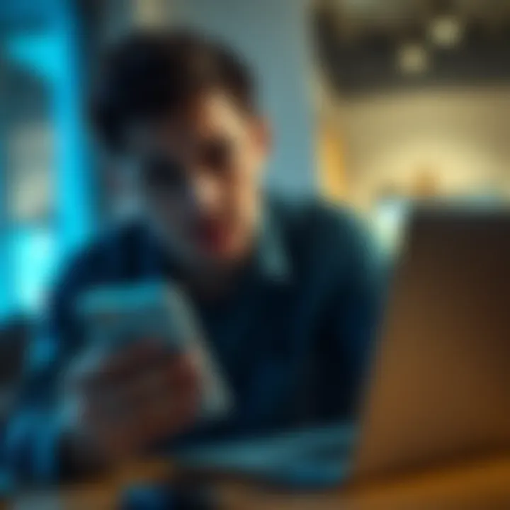 A person with a worried expression looking at their phone and laptop, distressed over lost funds and unresponsive customer service