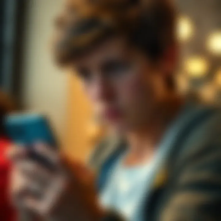 Frustrated user with phone A young person looking at their phone with a frustrated expression, representing struggles with the Revolut app.