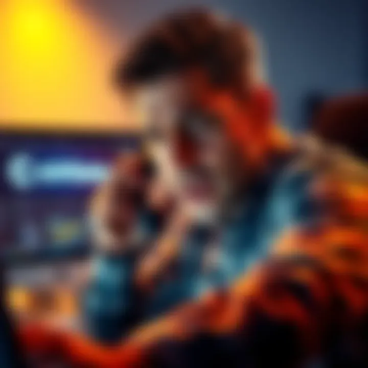 A person looks frustrated while speaking on the phone, with a computer showing the Coinbase logo in the background