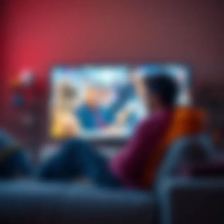 Frustrated Viewer Watching Long Ad A person sitting on a couch, looking annoyed while watching a lengthy advertisement on TV.