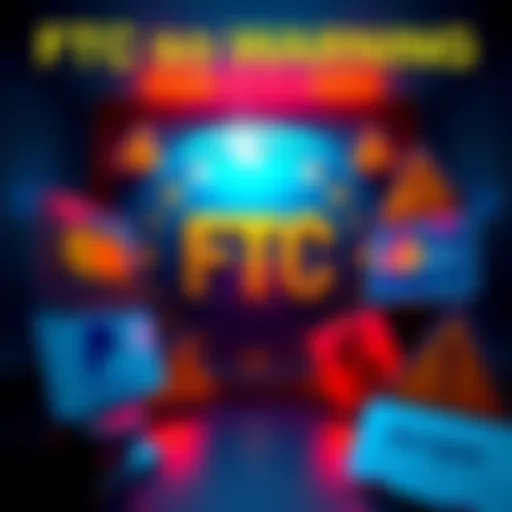 The FTC logo displayed with symbols of major financial companies like PayPal, Visa, Mastercard, and Stripe surrounded by warning signs.