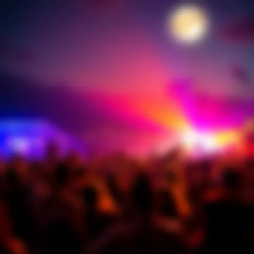 A vibrant gathering of people enjoying a full moon party with music and dancing at Mermaid Beach.