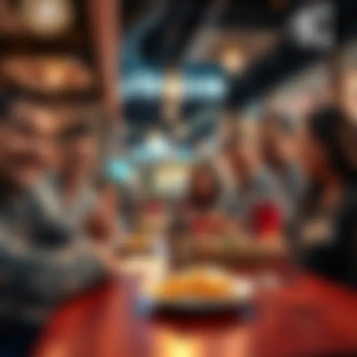 Fun Dining with Litecoin Name A group of friends at a restaurant joyfully placing their orders under the name 'Litecoin' while wearing Litecoin-themed apparel.
