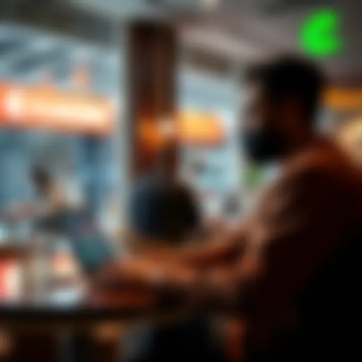 Funding Kraken with UAE Banks A person using a laptop to access their Kraken account while sitting at a coffee shop in the UAE, with a bank logo visible in the background.