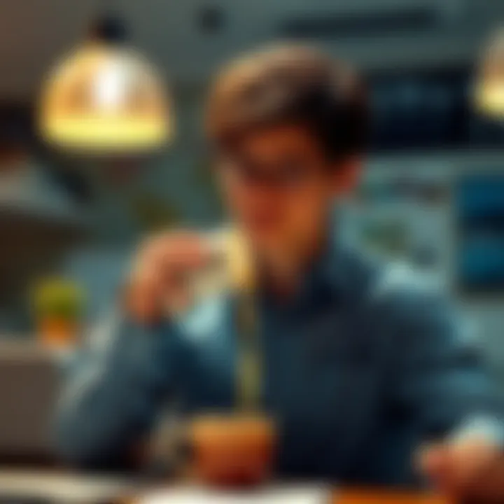 A person spills coffee on their shirt while trying to multitask at work, showing a humorous everyday mistake.