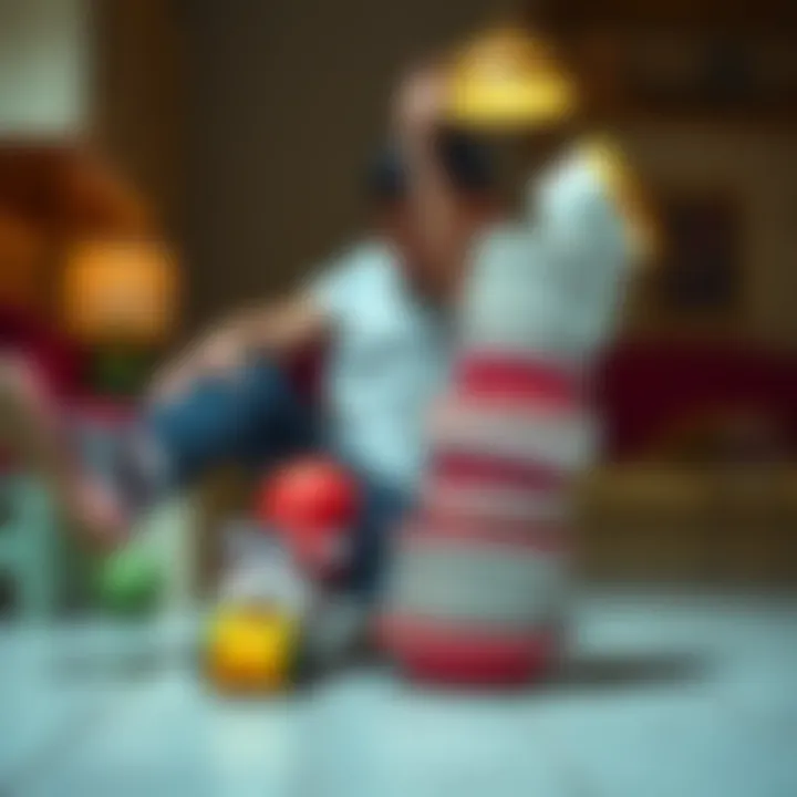 A person tripping over a toy while trying to balance a stack of dishes, creating a humorous moment in everyday life