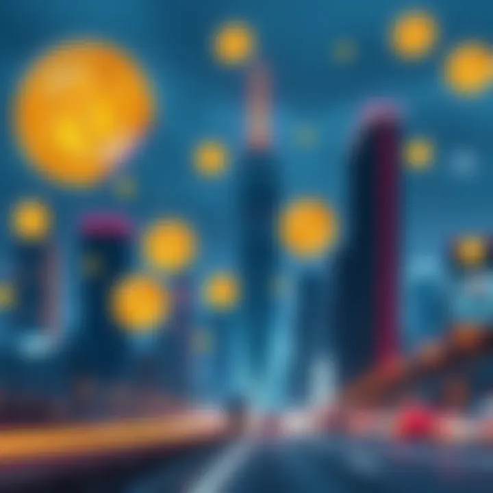 A futuristic city skyline with digital Bitcoin symbols floating in the air, representing the anticipated evolution of Bitcoin by 2045.
