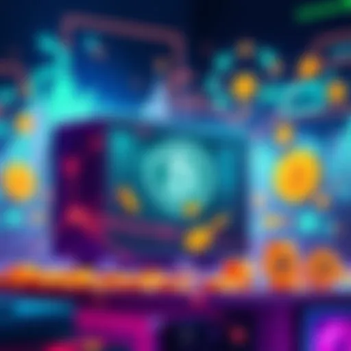 Illustration showing a computer generating digital coins with a backdrop of energy-efficient technology and Bitcoin graphics.