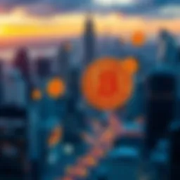 A futuristic city skyline with Bitcoin symbols and digital currency elements floating in the air, representing the growth and evolution of Bitcoin in 2029.