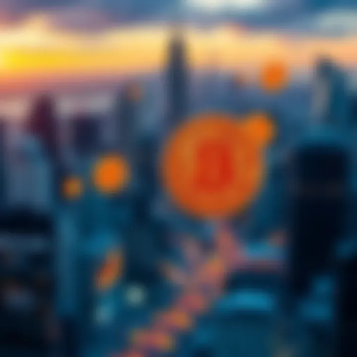 A futuristic city skyline with Bitcoin symbols and digital currency elements floating in the air, representing the growth and evolution of Bitcoin in 2029.