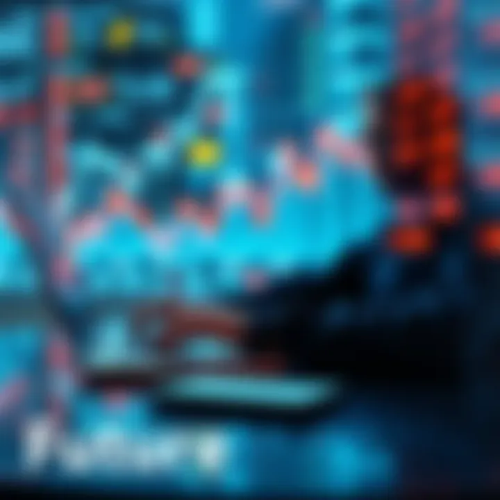 A person analyzing financial data on a laptop with digital graphs and currency symbols in the background