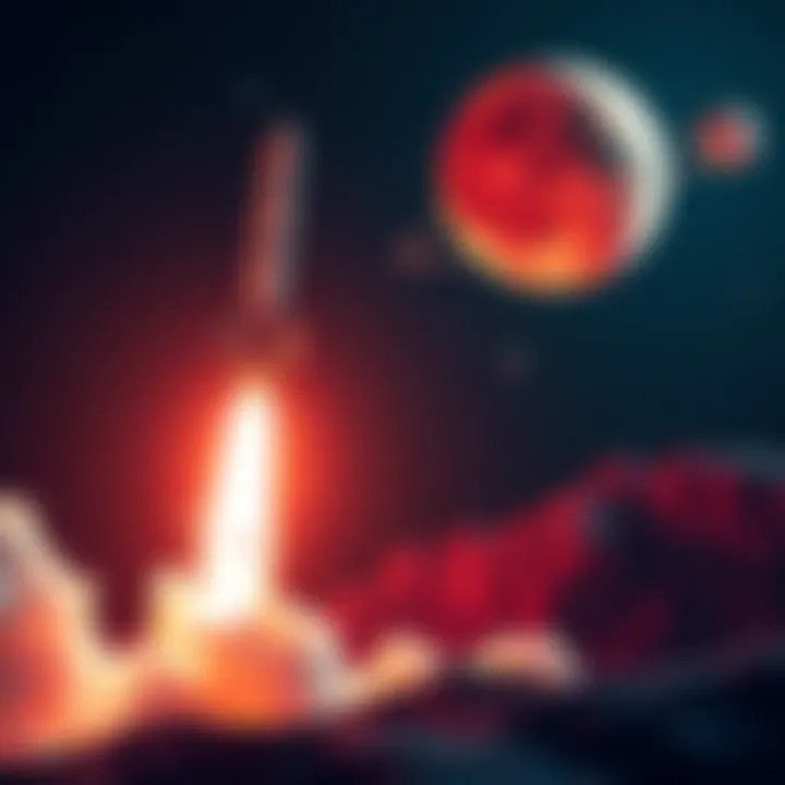 A rocket launching towards the Moon and Mars with a backdrop of stars and planets, symbolizing space exploration.
