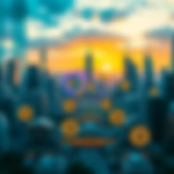A futuristic city skyline with digital currency symbols, representing Bitcoin's growth and adoption by 2040