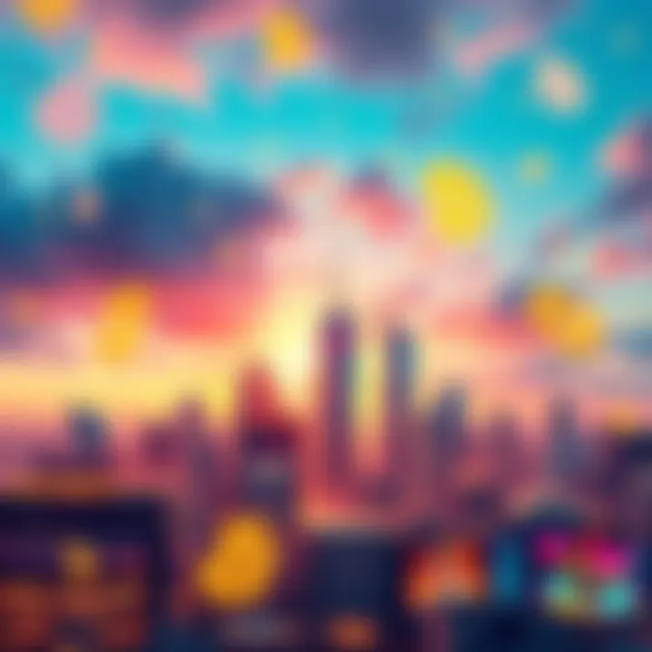 A futuristic city skyline with digital currency symbols in the sky, representing the evolution of cryptocurrency by 2036.
