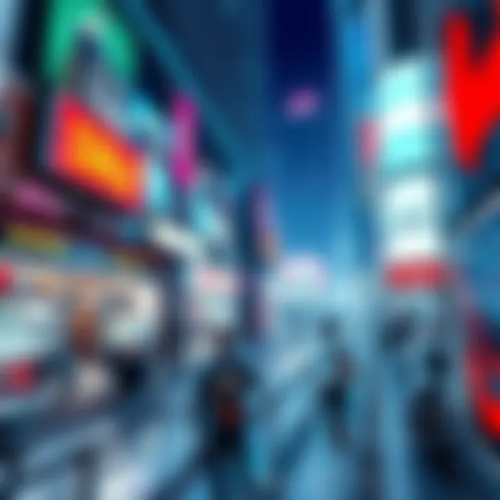 A futuristic city with advanced technology showcasing various shopping options like virtual stores and automated delivery services.