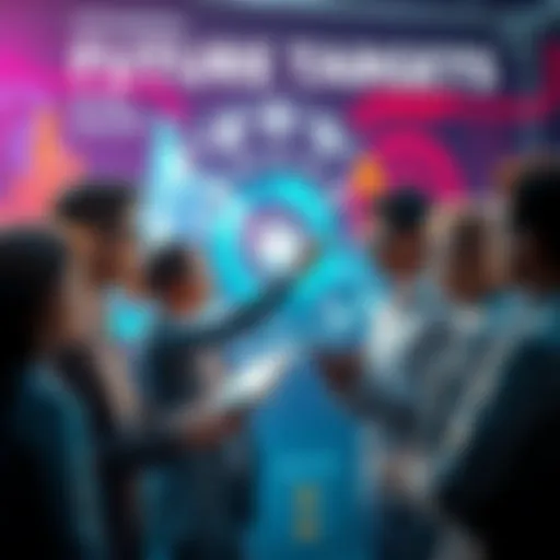 A group of diverse people discussing future trends, with futuristic graphics and symbols in the background.