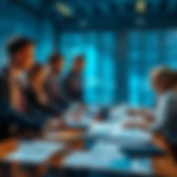 A group of business professionals discussing future trade strategies around a table with charts and graphs