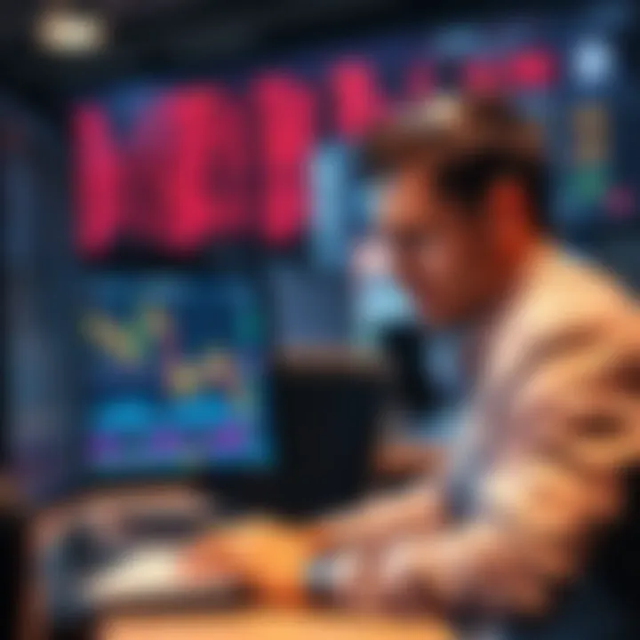 A trader looking concerned while analyzing a trading chart on a computer, symbolizing the emotional impact of liquidation during a trade.