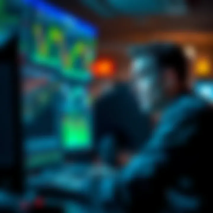 A trader looking frustrated while using a computer to access a Canadian trading platform, with charts and graphs on the screen.