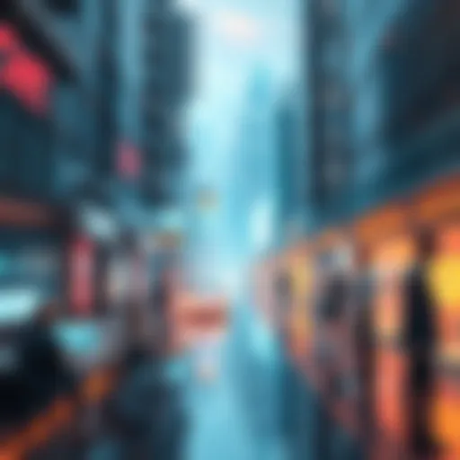 A futuristic cityscape with advanced technology and people engaging with digital interfaces, showcasing how systems operate today.