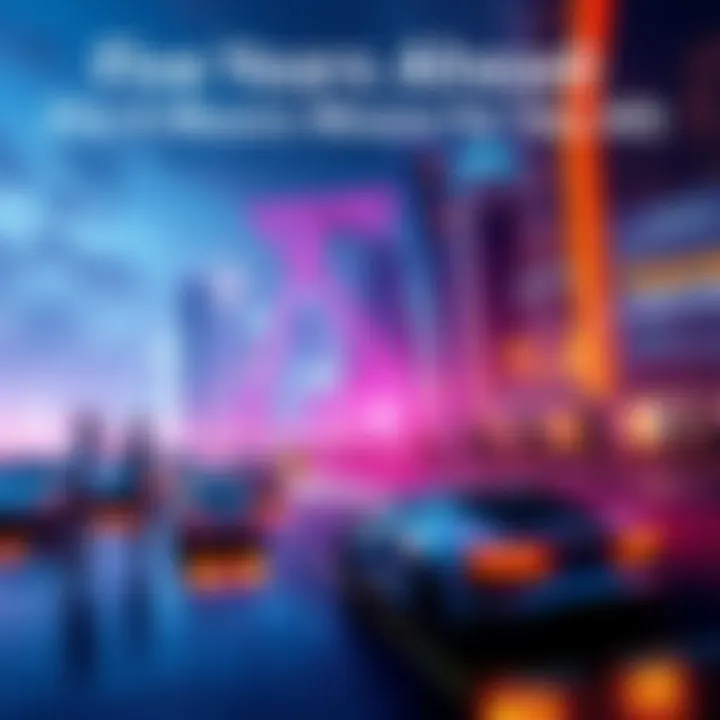 A futuristic city skyline showing advanced technology and innovation, with people interacting with smart devices and vehicles.