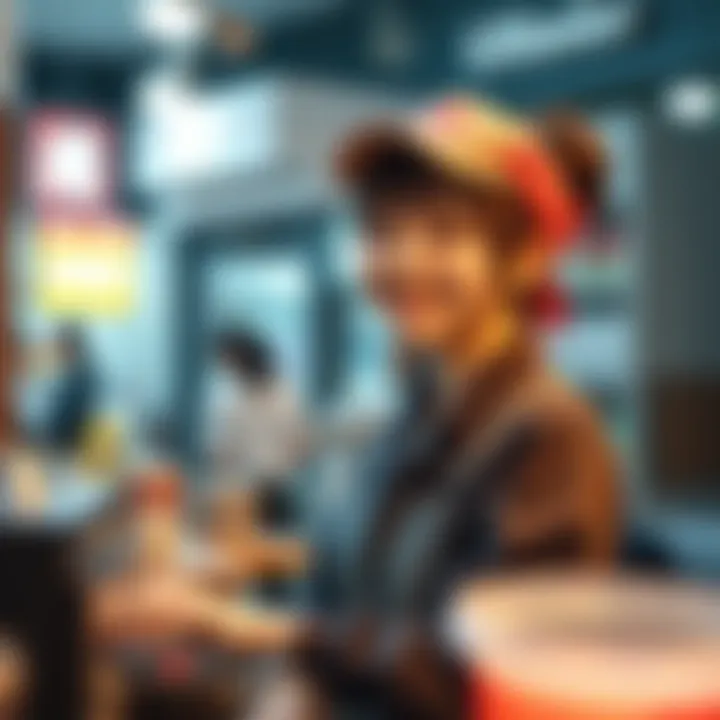 Fuyuka, a cheerful part-time worker, smiles while serving customers, showcasing her charm and cuteness.
