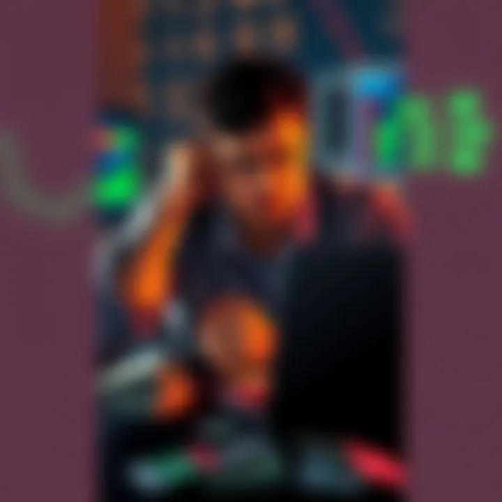 A man looks distressed, sitting at a desk surrounded by bills and a laptop displaying falling crypto prices.