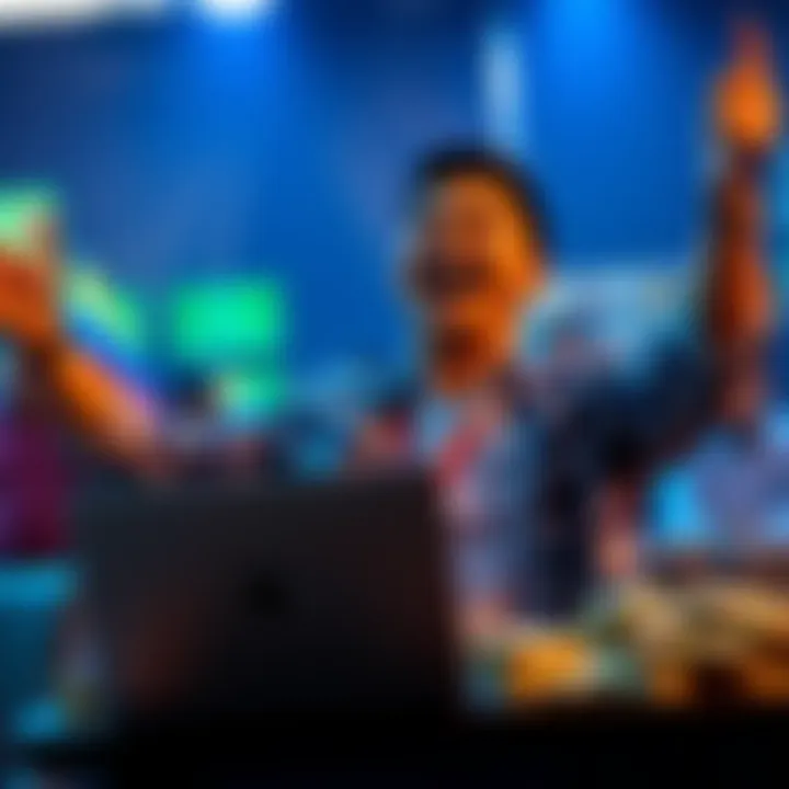 An online gambler celebrating after winning a large bet on Maduro's political situation with cash and a laptop in front of them.