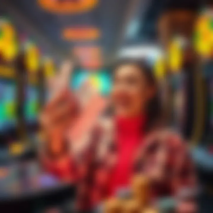 A person with a joyful expression holds cash and lottery tickets, symbolizing small wins in gambling, surrounded by gaming machines and chips.