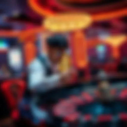 A gambler placing a bet on red at a crypto roulette table, focused and hopeful for a win, with a digital currency symbol nearby.