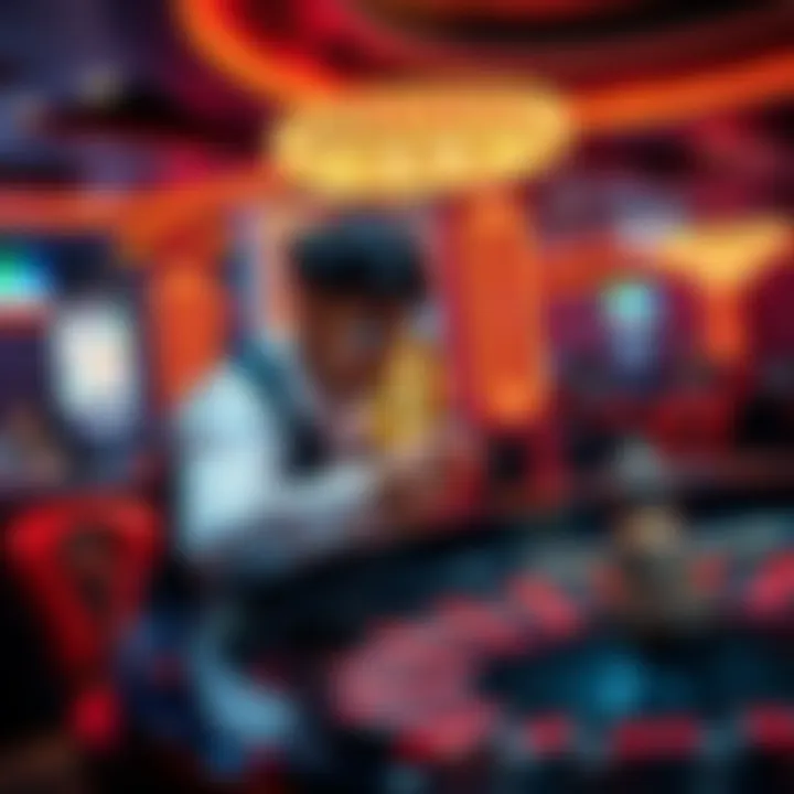 A gambler placing a bet on red at a crypto roulette table, focused and hopeful for a win, with a digital currency symbol nearby.