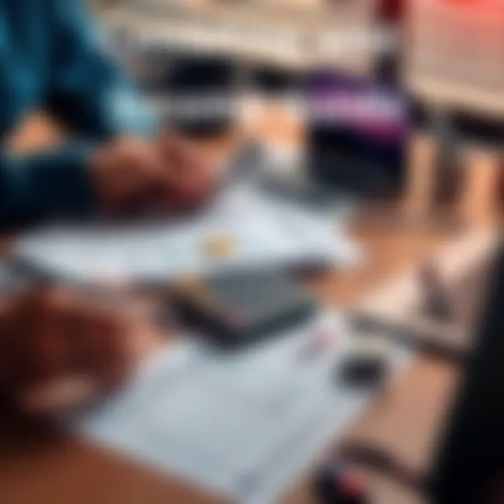 A person organizing financial documents related to cryptocurrency and gambling winnings on a desk with a calculator and a laptop