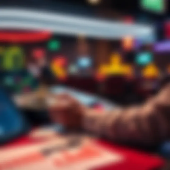 A person looking at gambling options with charts and financial statements on a table, representing a mix of betting and investment strategies.