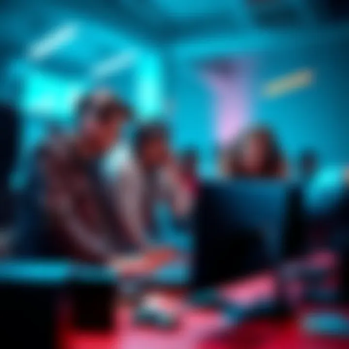 A group of game developers discussing and coding around a computer, showcasing teamwork in game creation.