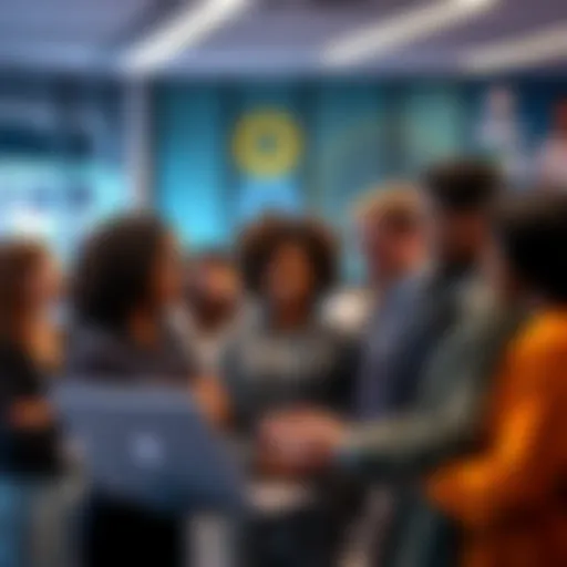 A group of diverse people discussing the impact of new technology in a bright and modern setting.