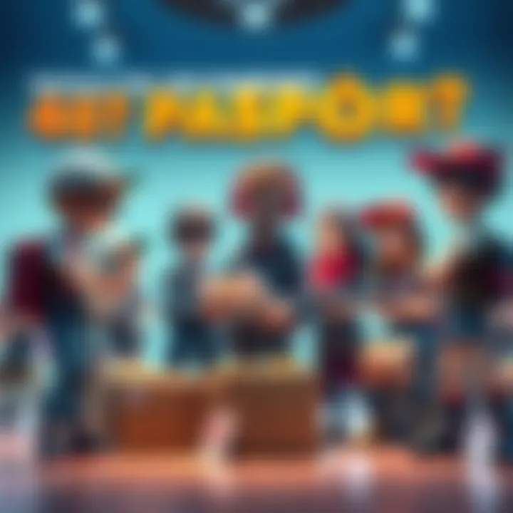 A group of game characters strategizing about whether to buy passports before collecting parcels.