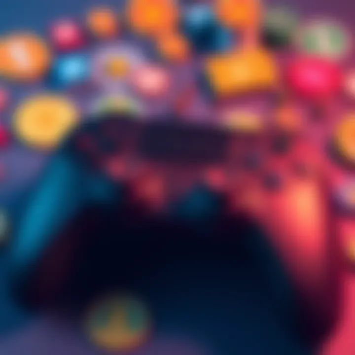 A close-up of a game controller surrounded by icons representing daily challenges and tokens