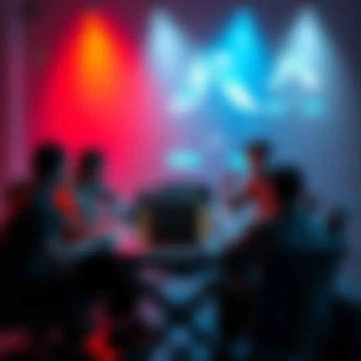 A group of players discussing game strategies around a table with game pieces and a laptop.