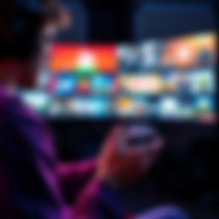 A gamer focused on completing their monthly game pass challenge, with a game controller in hand and multiple games displayed on a screen.