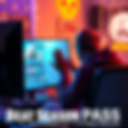 A gamer sitting in front of a computer screen, celebrating the completion of a season pass, with gaming gear around