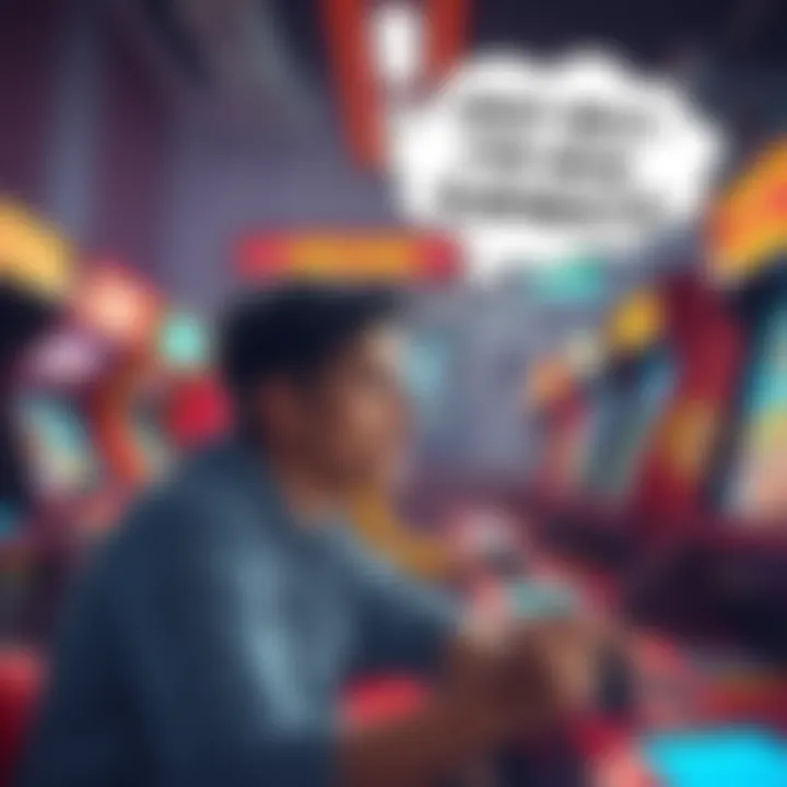 A gamer looking frustrated while playing at an arcade, surrounded by classic game machines with a thought bubble showing game ideas, asking for help from others.