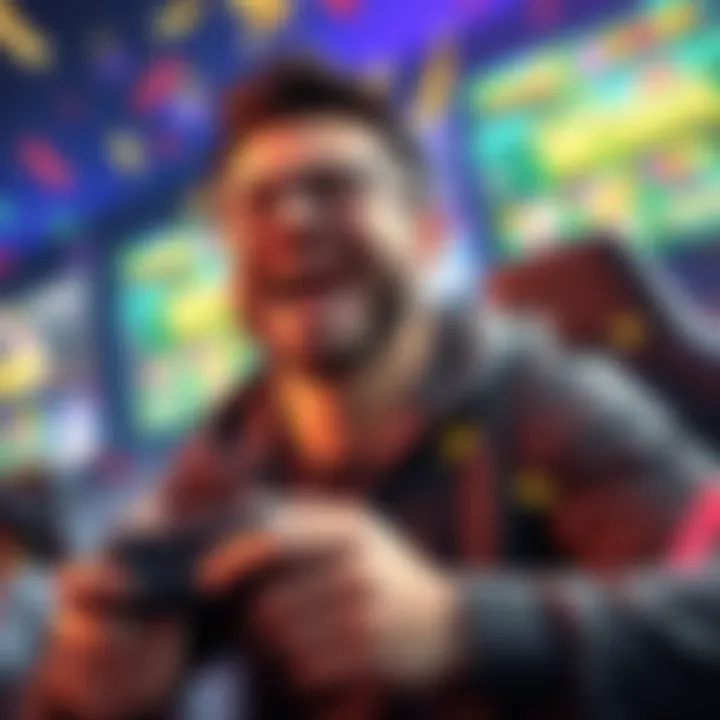 A happy gamer with a big smile celebrating their game win, surrounded by colorful game graphics and confetti.