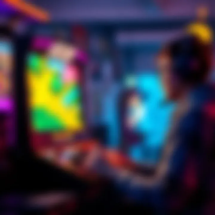 A gamer focused on an arcade game, with colorful graphics displayed on the screen, surrounded by gaming accessories and a casual setup.